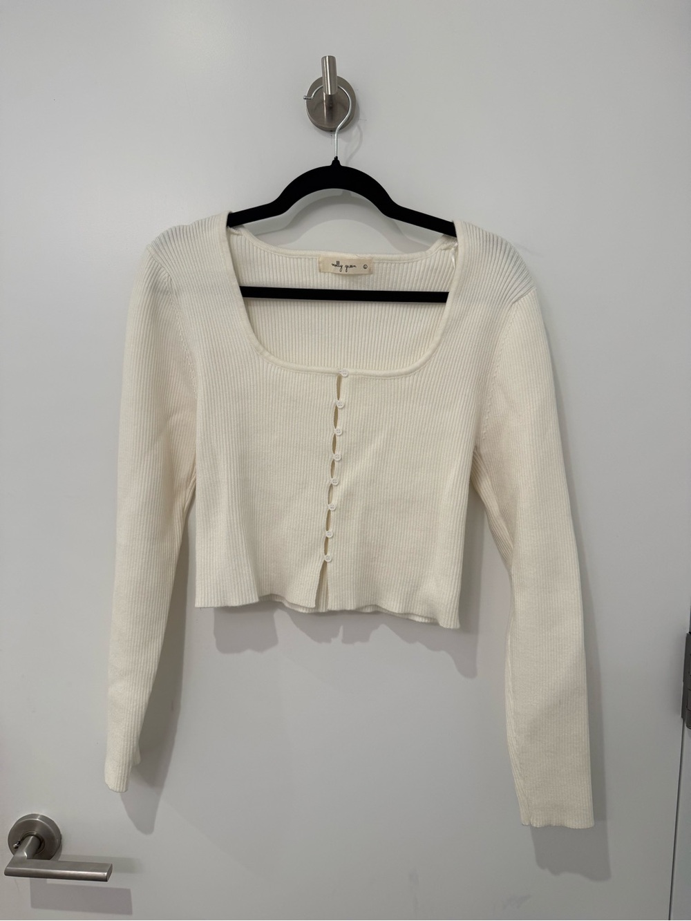Cream Ribbed Square-Neck Button-Front Long Sleeve Top